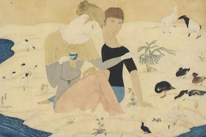 藤田嗣治画作《年轻的情侣和动物》。
