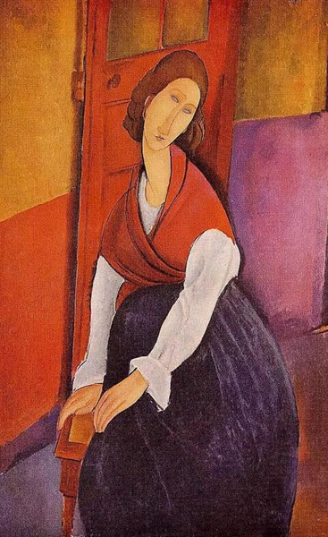 莫迪里阿尼 - Jeanne Hebuterne in Red Shawl