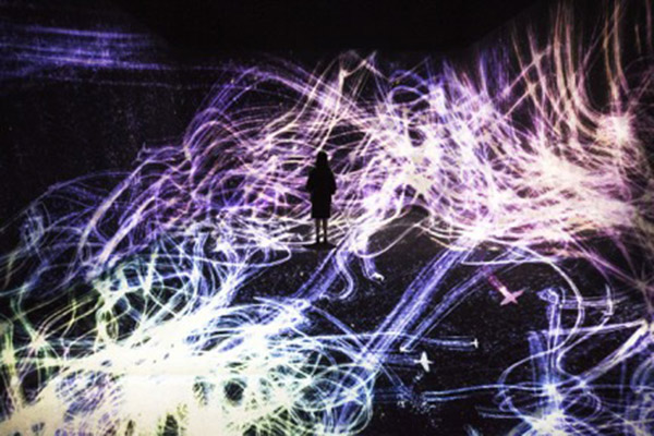 《被追逐的八咫乌，追逐同时亦被追逐的八咫乌》，超越空间，teamLab，2017，互动数字装置，4分20秒，声音：高桥英明，图片：佩斯北京