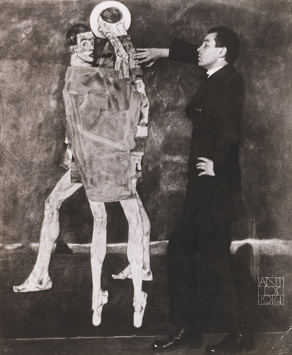 埃贡·席勒站在1913年作品《相遇》旁，这件作品已散失