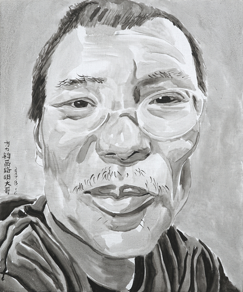 方力钧画路明大哥，60×50cm，布面油画，2007年