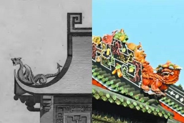 钱伯斯龙形脊饰（左）与广州陈家祠屋脊灰塑（右）对比。