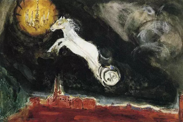 夏加尔1942年为《阿莱科》第四幕所作，描绘了想象中的圣彼得堡
