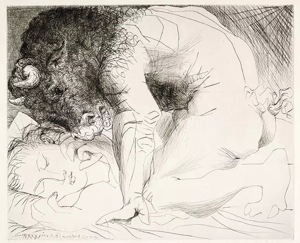 畢加索，《牛頭怪愛撫熟睡女子》，1933年