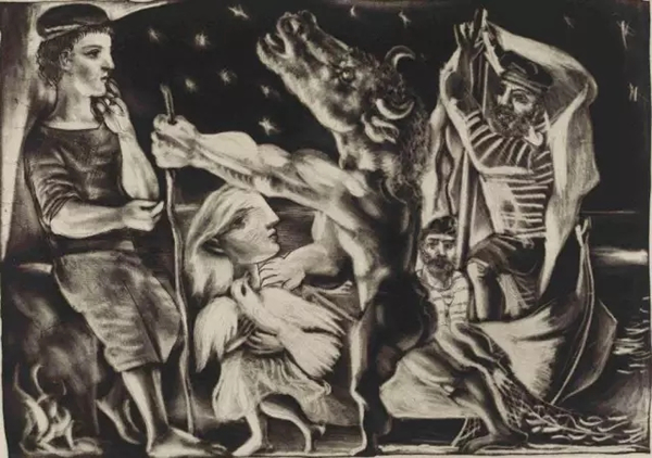 畢加索，《暗夜裏被小女孩引領的失明牛頭怪》，1937年