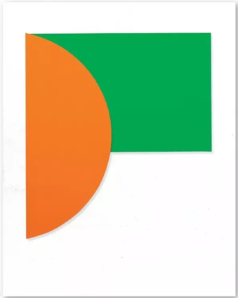  《淡橙色与绿》（Orange Relief with Green），1991年，237.5×215.3×6.7cm ，2节连接木板，布面油画