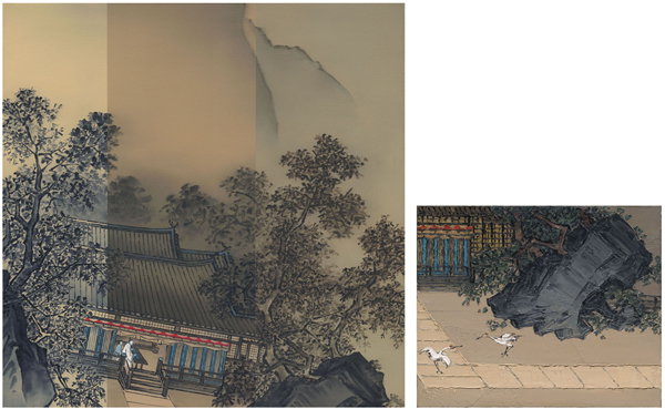 《弹琴的人和起舞的鹤》(双联屏) Playing Man and Dancing Crane（diptych), 2016 , 布面油画Oil on Canvas, (100x100cm)&(50x60cm)