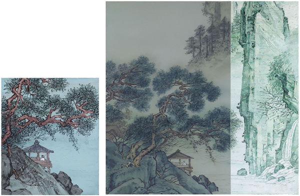 《观瀑》(双联屏) Enjoying the Waterfall(diptych), 2016, 布面油画Oil on Canvas， (60x50cm)&(100x100cm)