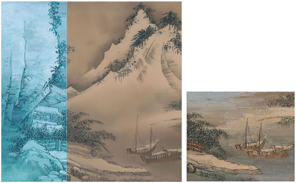 《雪江上的归舟》( 双联屏) The Boat Returning on Snow River （diptych), 2016, 布面油画 Oil on Canvas, (100x100cm)&(50x60cm)