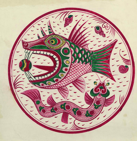 《红绿彩鱼龙纹挂盘》 设计手稿 40cmx40cm  祝大年 80年代