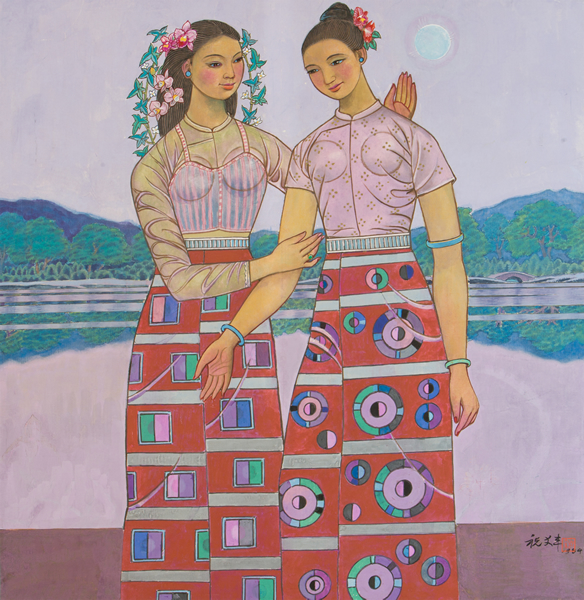 《姐妹情》 工笔重彩  11cmx97cm  祝大年