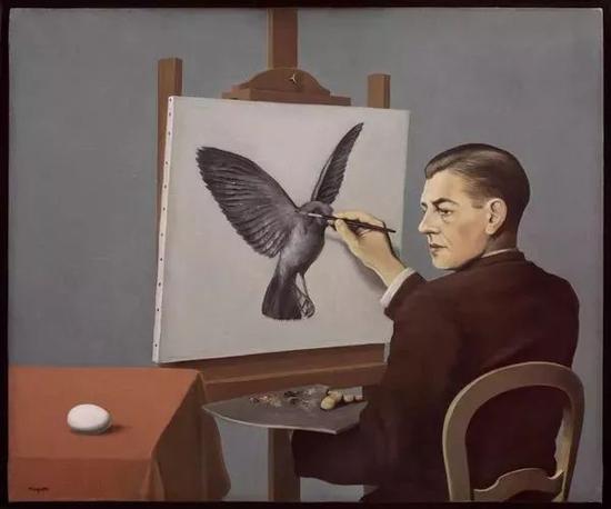 René Magritte， Clairvoyance， 1936， Oil on canvas， Mr。 and Mrs。 Wilbur Ross
