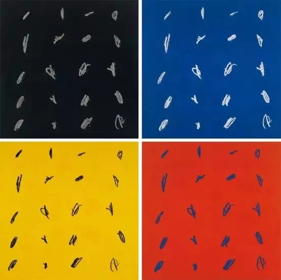 LOT 182叶永青（b.1963），《涂点系列（黑蓝黄红）四幅》，布面油画，1997年，200×200×4cm