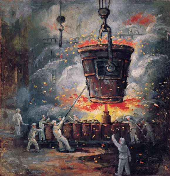 关良《火红的年代》1950年 布面油画 35.7×34.4cm