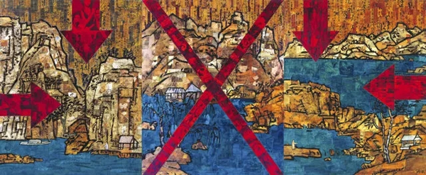 有符号的山水 2005 150x120cm x3 布面综合媒材