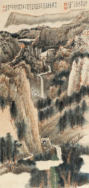 607  张大千  高崖悬瀑