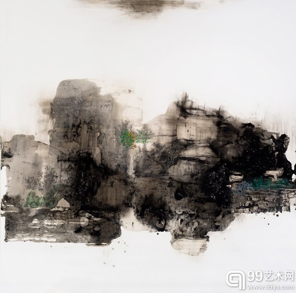汪伊达《重演山林_17AG》 152×152×6.5cm 黑炭、树脂、彩色铅笔、丙烯、木板 2017