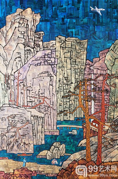 薛松《松溪石壁图》 230×150cm 布面丙烯、综合材料 2015