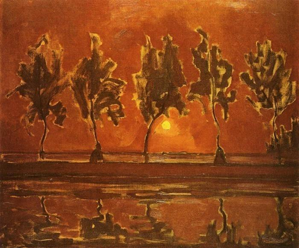 蒙德里安 - Trees by the Gein: Moonrise，1907