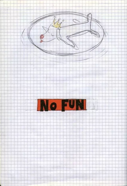 奈良美智 《No Fun"》，1992-2000年，他说，画画就像呼吸一样，常常用当时手边有的铅笔和原子笔画出来