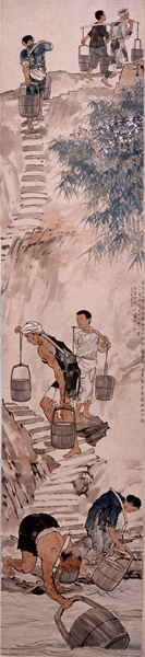 《巴人汲水》1937年 294x63cm 水墨设色纸本长轴 徐悲鸿纪念馆藏