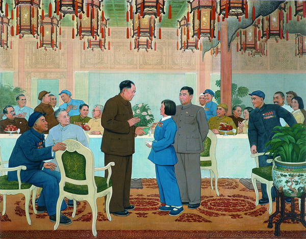 林岗，《群英会上赵桂兰》，176.5x213.5cm，1950，绢本设色，中央美术学院美术馆