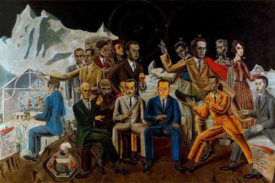 马克斯·恩斯特（Max Ernst，1891-1976），朋友们的聚会，128x194cm，绘画、拼贴，1922，汉堡，私人收藏；该作品描绘了超现实主义艺术团体的聚会，后排右三为诗人、批评家布雷东（André Breton，1896–1966），前排左二为艺术家本人