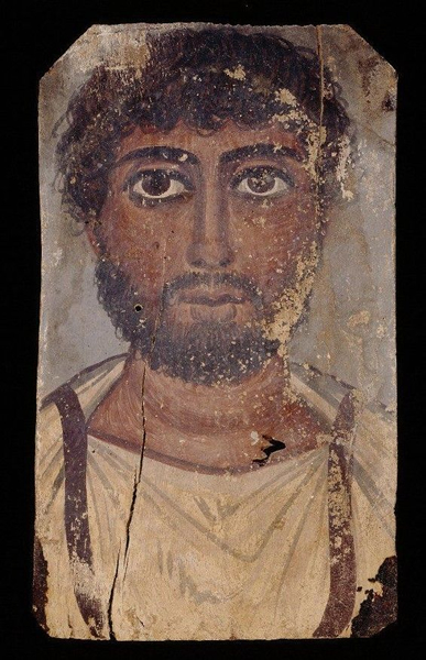 Oak panel bearing tempera portrait of a bearded man wearing a white tunic with purple clavi, 2ndC(early) Roman Period. Courtesy of the British Museum.