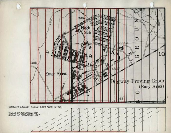 Adrian Piper. Parallel Grid Proposal for Dugway Proving Grounds Headquarters. 1968. Two type pages; ink and colored ink on fourteen sheets of paper; architectural tape on acetate over ink on thirteen photostats; and ink on cut-and-pasted map, mounted on colored paper. Detail: Parallel Grid Proposal for Dugway Proving Grounds Headquarters #11, 8 ½ × 11 in.