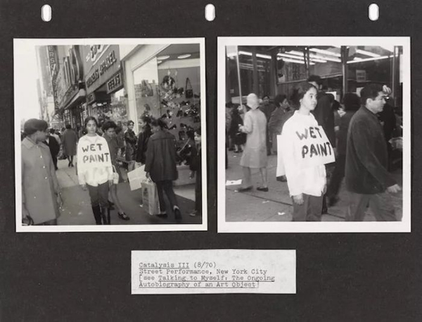 Adrian Piper Catalysis III. 1970. Documentation of the performance. Two gelatin silver prints and text mounted on colored paper. Overall 8 1/2 × 11 in. (21.6 × 27.9 cm). Photographs by Rosemary Mayer. Collection Thomas Erben, New York. © Adrian Piper Research Archive Foundation Berlin