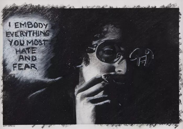 Adrian Piper. The Mythic Being: I Embody Everything You Most Hate and Fear. 1975. Oil crayon on gelatin silver print. 8 x 10 in. (20.3 x 25.4 cm). Collection Thomas Erben, New York.