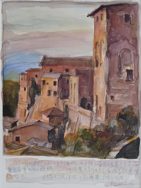 TOSCANA城堡夕照（水彩）45x30.5cm