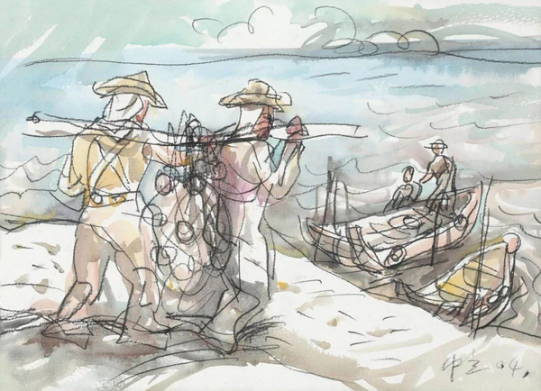 罗中立  出海  纸本水彩 26.8×37.5cm 2004年