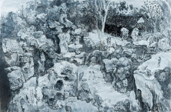 周春芽《个园II 》，2017年，布面油画，210x320cm。近年来，周春芽越来越向中国传统寻找灵感和力量。