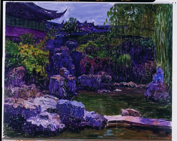 周春芽 上海豫园小景之一 2013年 布上油画 200x250cm。