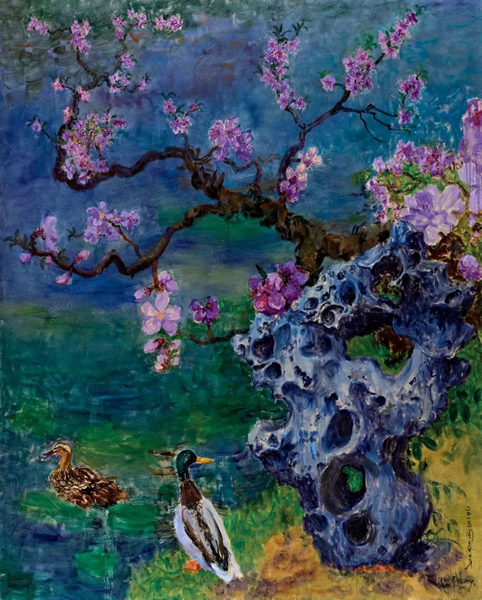 周春芽《瘦西湖春色》，2015年，布面油画，250cmx200cm。