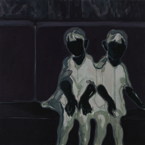 林山《沙发上的双胞胎 (镜像）》，布上油画，100×100厘米，2018年。图片来源：香格纳画廊