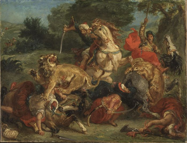 《猎狮》（Chasse aux lions），欧仁·德拉克洛瓦（Eugène Delacroix），约1854年，布面油画，H. 86 ; L. 115 cm