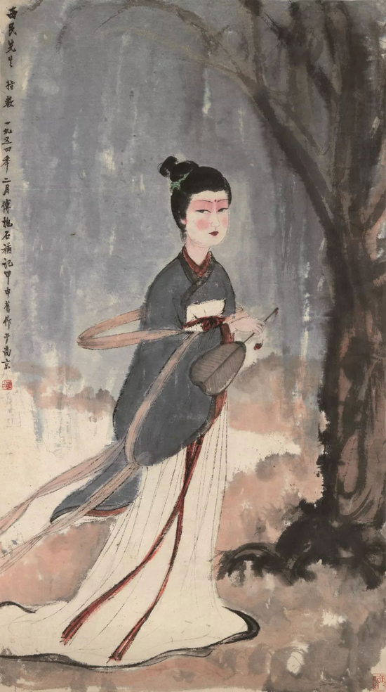 傅抱石 游春  设色纸本 立轴 114×58 cm