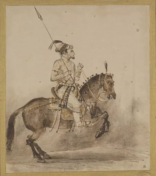 图7 《马背上的莫卧儿王朝贵族男子（沙贾汗）》（A Mughal Nobleman on Horseback (Shah Jahan)），约1656-61年，伦勃朗，棕色墨色、亚洲纸，伦敦大英博物馆藏