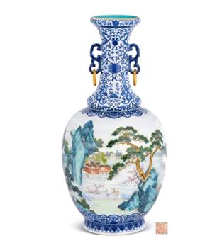 清乾隆御制青花夹洋彩通景“桃花源”图双耳活环大瓶 “大清乾隆年制”六字三行篆书款，乾隆本朝 高 55.2 cm