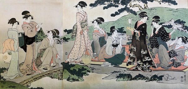 喜多川歌麿，《庭中游乐美⼈图》36.4×74.4 cm， 1795