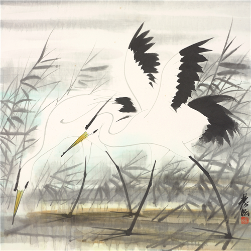 林风眠 双鹭 纸本 彩墨 69X69厘米