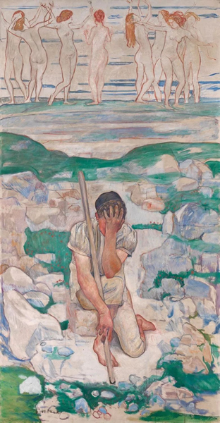 费迪南德·霍德勒《Der Traum des Hirten，1896年》，239 x 149 cm.。2013年12月11日在佳士得苏黎世以2,880,000瑞郎成交