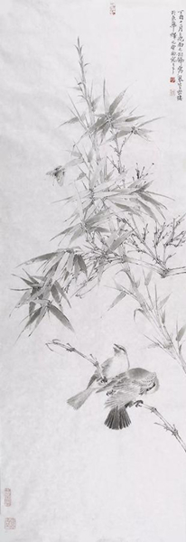 陈相锋 《坚节双棲图》143x48cm  纸本墨色 2017年