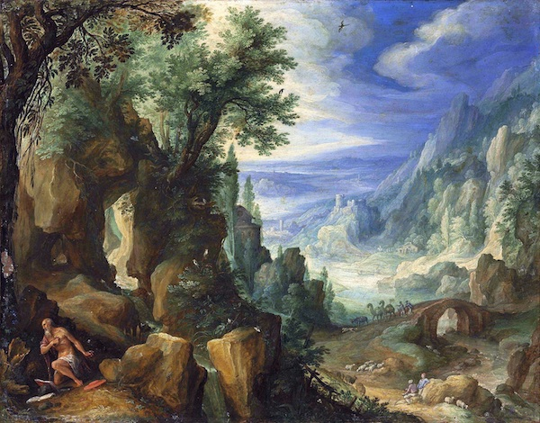 《多山的风景和圣杰罗姆》 保罗•布里尔 铜板油画1592年 莫瑞泰斯皇家美术馆藏。