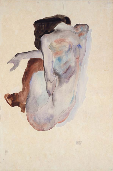 席勒，《蹲在鞋子和丝袜中的裸体（后视图）》，1912