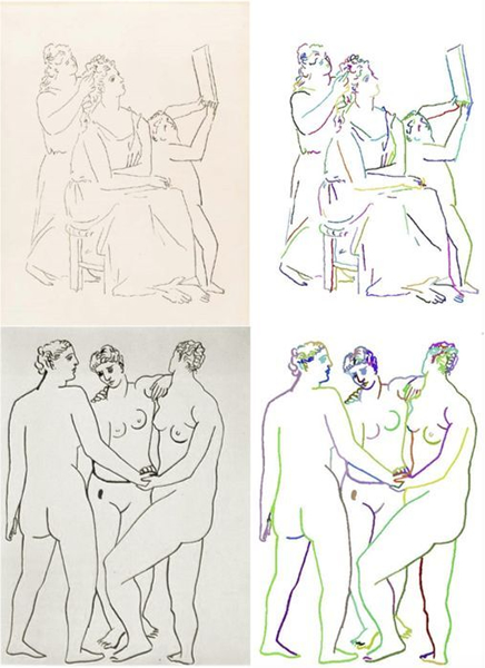 对毕加索的画作进行笔触分割（在右图中用颜色标出） 