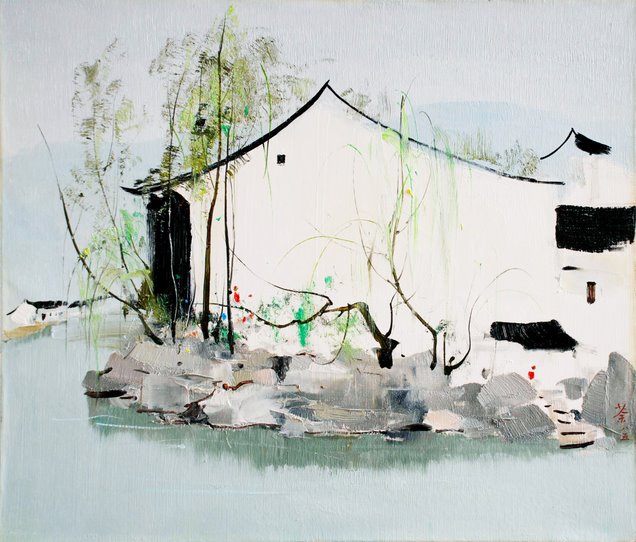 水乡人家. 1985. 油画画布. 43 x 51 厘米. 中国大陆刘钢/陈育收藏.