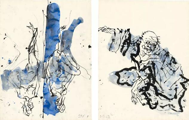 Georg Baselitz, Untitled, 2015, ink pen, watercolor and India ink on paper, 34 1/8 × 49 11/16 inches, framed (86.6 × 126.2 cm) © Georg Baselitz 2017.